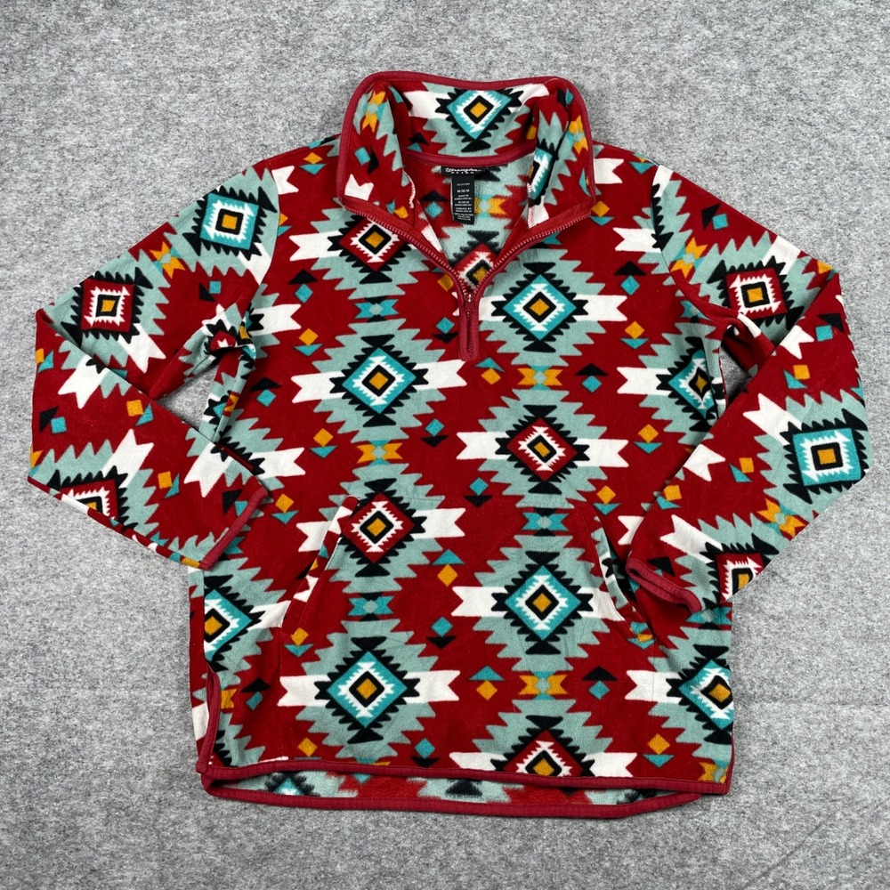 Wrangler Retro Fleece Pullover Mens Medium Red Aztec Southwestern Quarter Zip